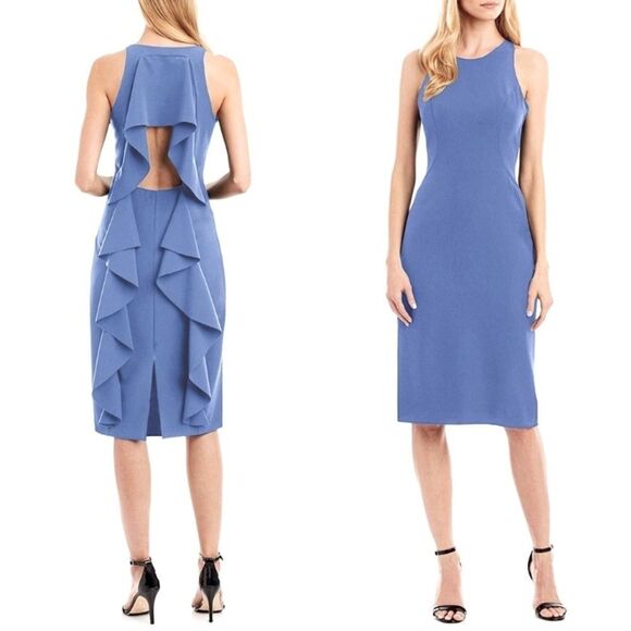 Nicole Miller New York Cascade Ruffle Back Blue Midi Sheath Dress Feminine SZ 4 - Picture 1 of 14